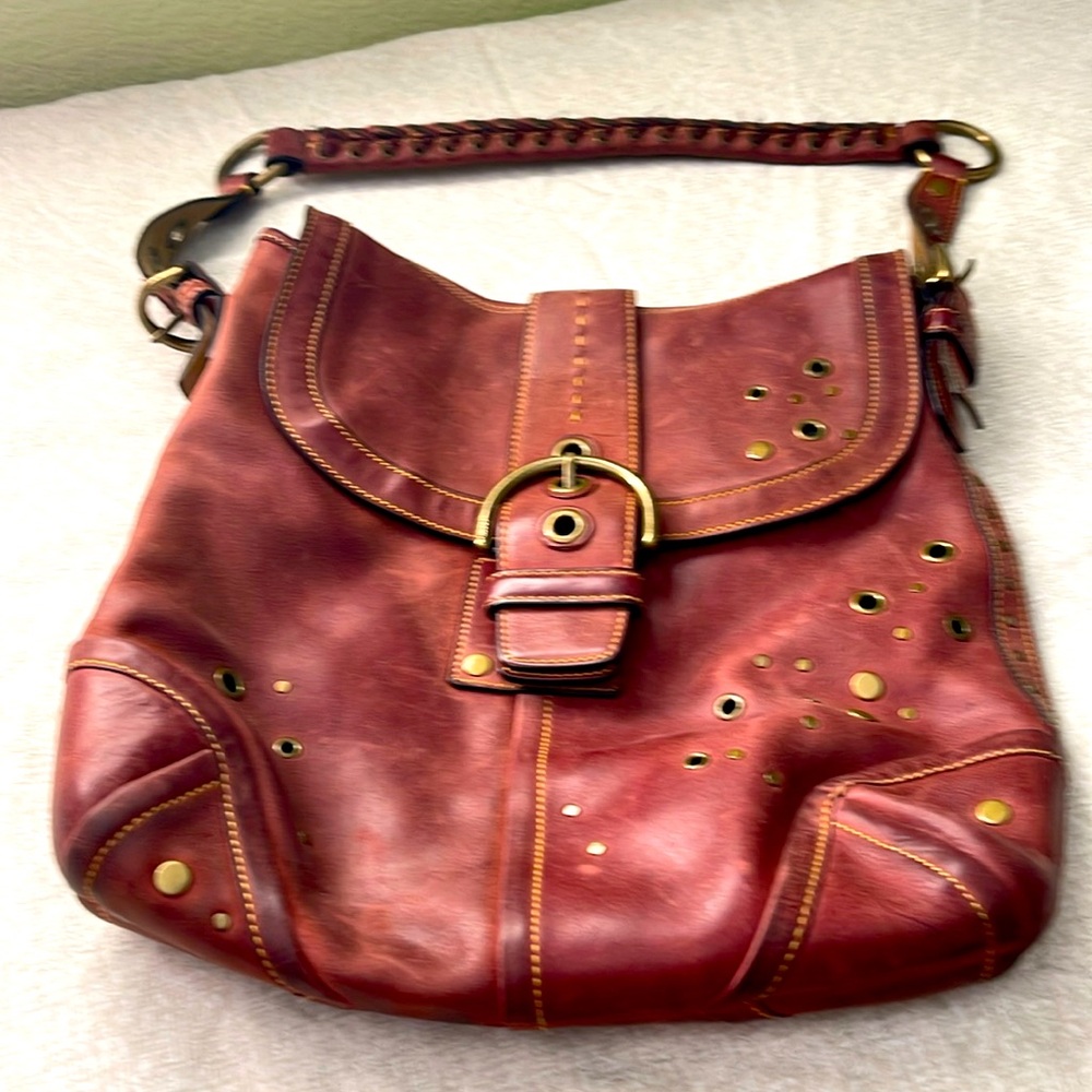 Coach Leather Shoulder Bag – Grunge Distressed Style with Grommets & Buckles